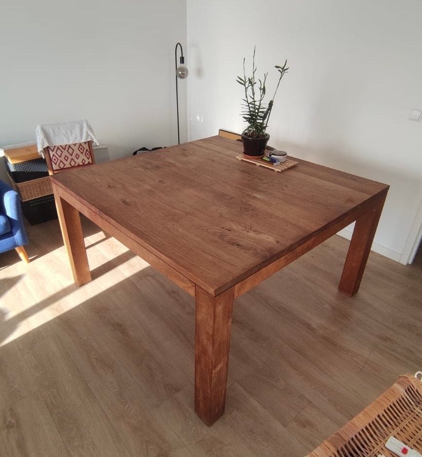 Massief houten eettafel - vierkant, Ophalen, Gebruikt, Vierkant, Vijf personen of meer
