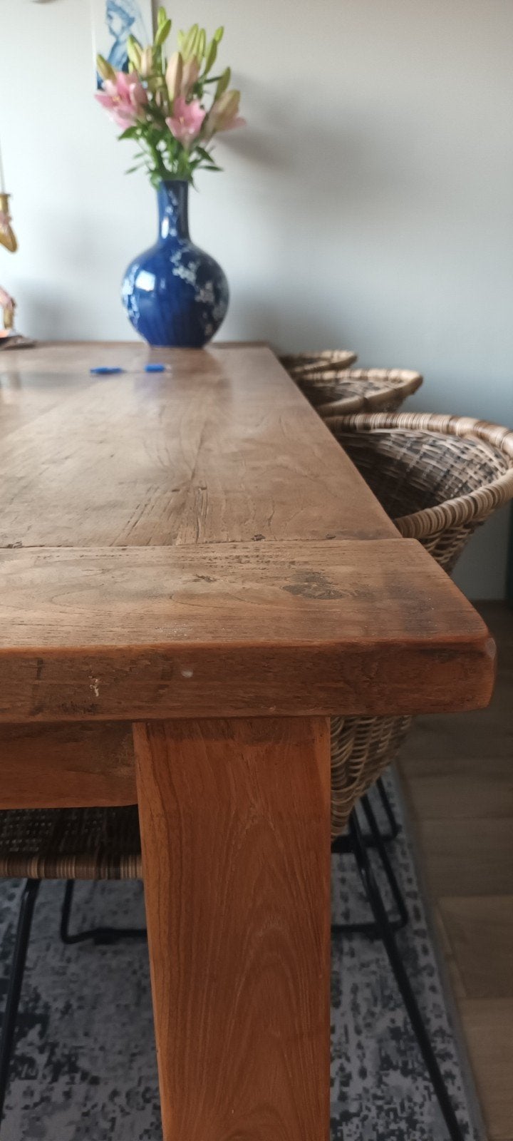 Teak houten eettafel met 6 rotan stoelen, Ophalen, Gebruikt, 100 tot 150 cm, 200 cm of meer