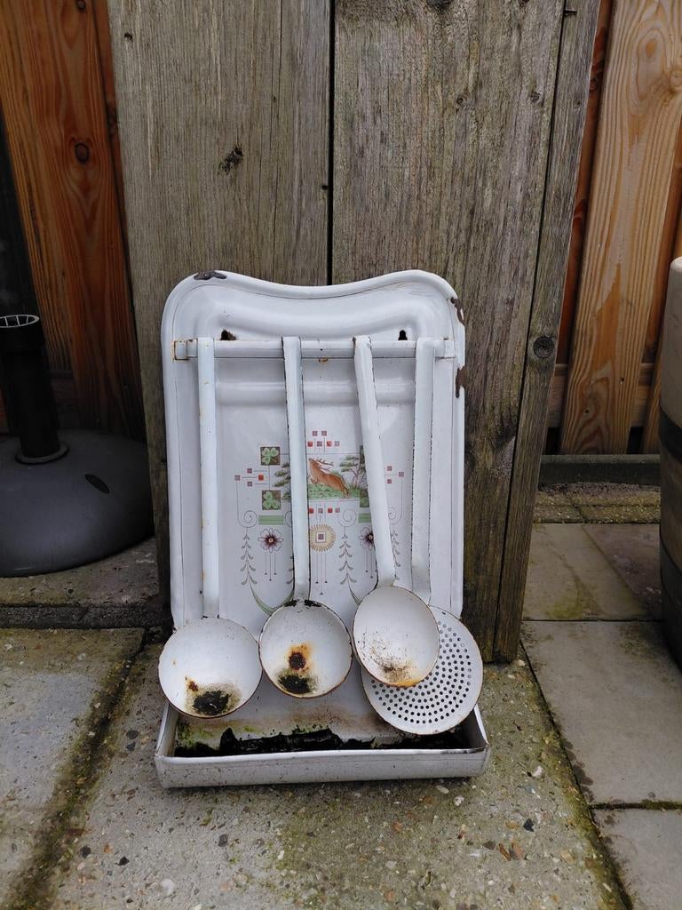 Vintage geëmailleerde keukenset - decoratie tuin, Antiek en Kunst, Antiek | Emaille, Ophalen