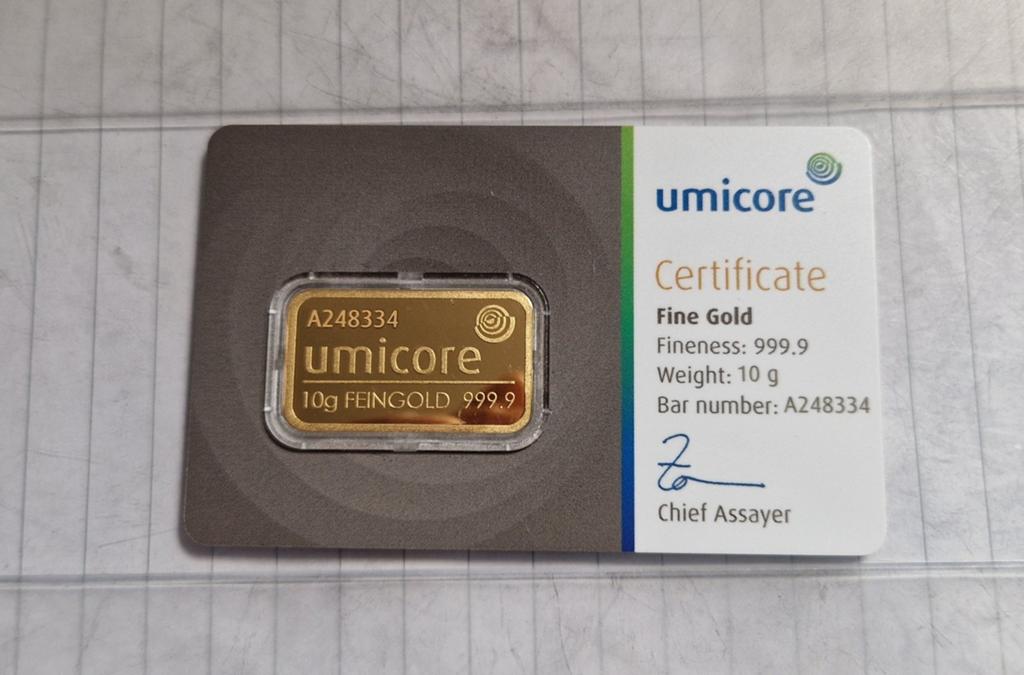 Gouden baar 10gr umicore lbma, Postzegels en Munten, Edelmetalen en Baren, Ophalen of Verzenden, Goud