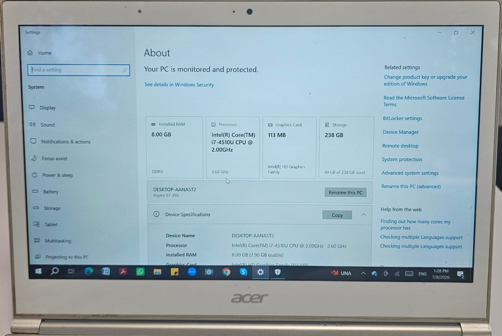 Acer Aspire S7 laptop, Computers en Software, Windows Laptops, Gebruikt, SSD, 2 tot 3 Ghz, 8 GB, Met touchscreen, Ophalen
