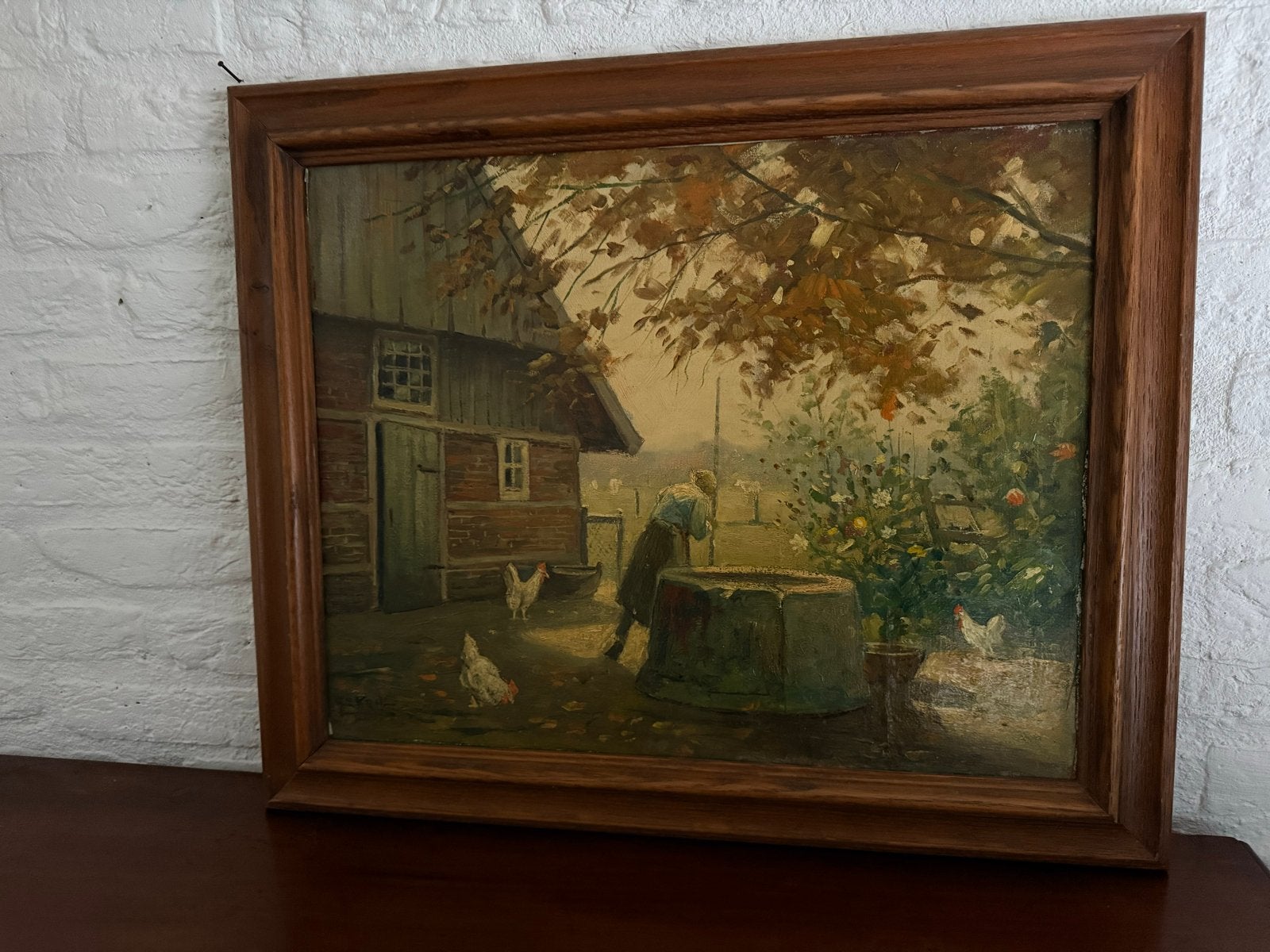 Olieverfschilderij: Boerderijtafereel met kipjes en vrouw, Ophalen, Doek, Olieverf, Klassiek