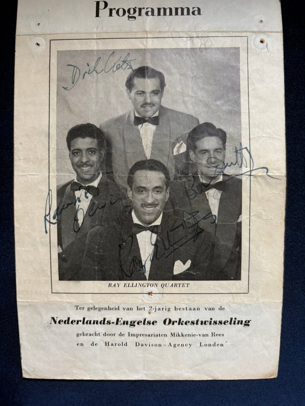 Ray Ellington Quartet 1951 concert programma handtekeningen, Gebruikt, Ducoso, Ophalen of Verzenden, Boek, Tijdschrift of Artikel