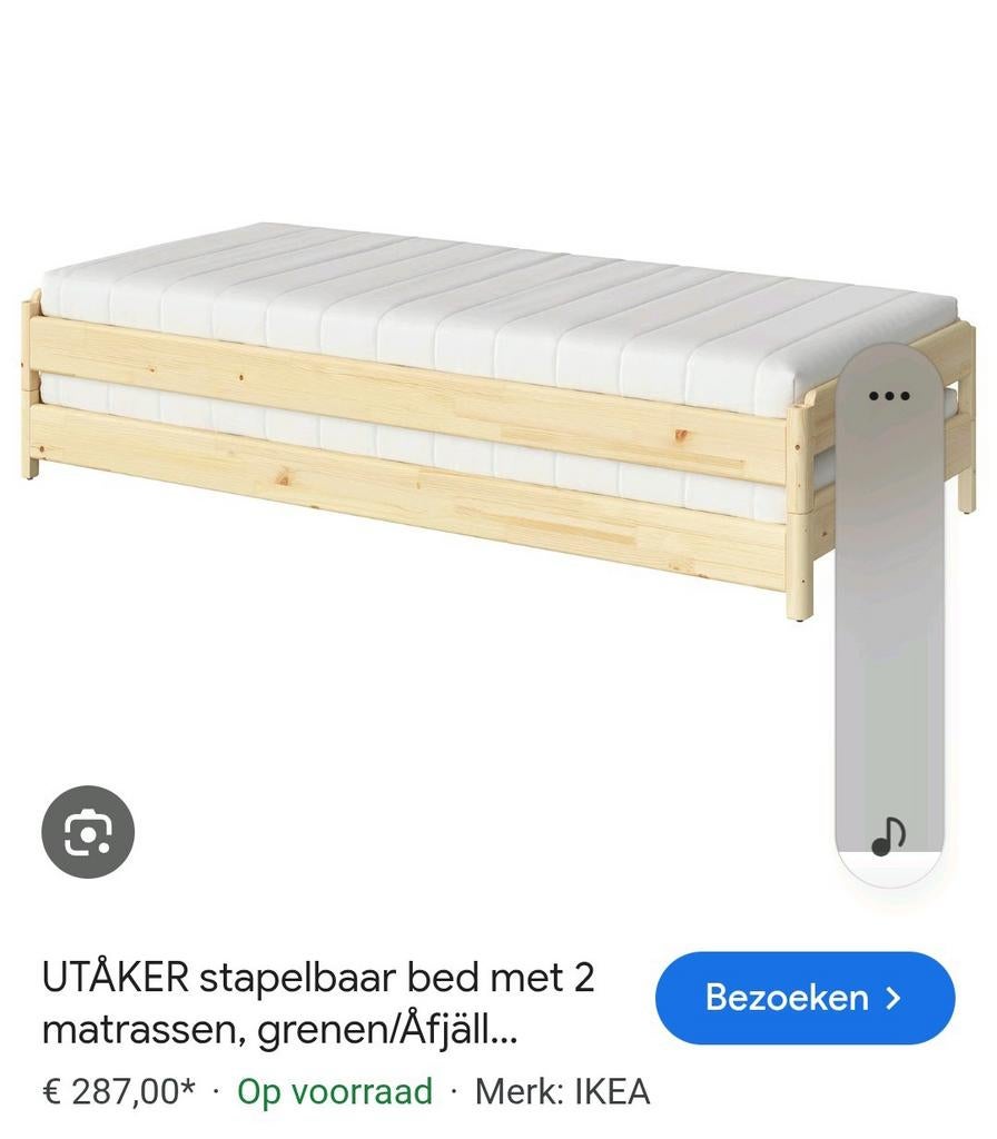 IKEA UTÅKER stapelbaar bed met 2 matrassen, Huis en Inrichting, Slaapkamer | Bedden, Ophalen, Beige, 80 cm, 200 cm