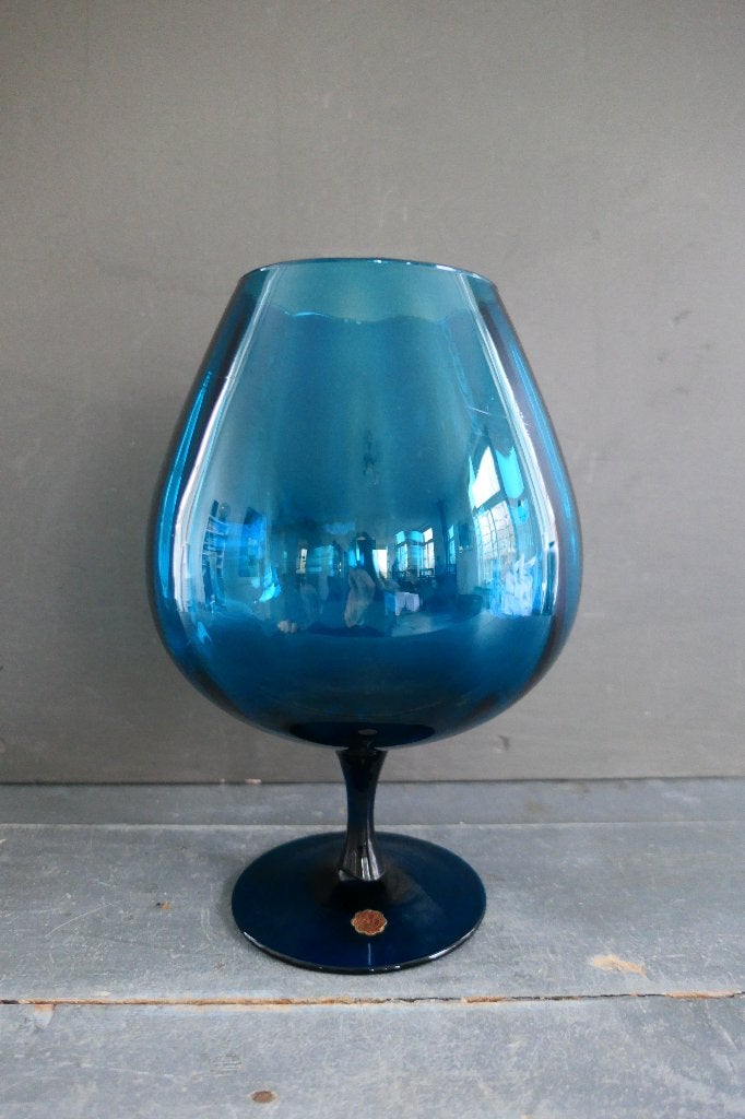 Vintage Empoli turquoise glazen vaas op voet made in Italy, Antiek en Kunst, Verzenden