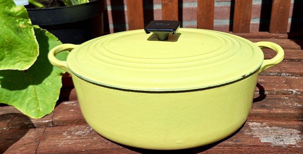 Vintage Le Creuset Elysees geel, ovale pan, groot, Huis en Inrichting, Keuken | Potten en Pannen, Gebruikt, Le Creuset, Ophalen of Verzenden