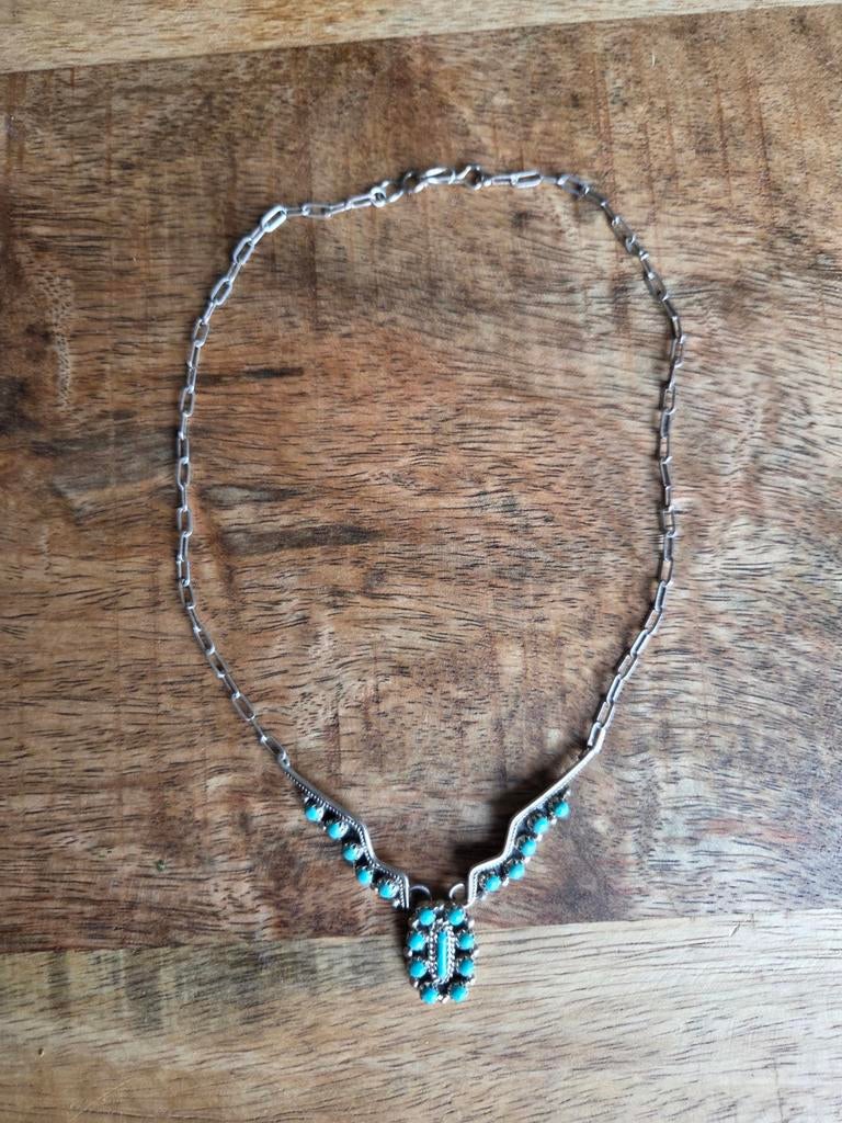 Prachtige Navajo turquoise sterling zilveren ketting 1940, Gebruikt, Blauw, Ophalen of Verzenden, Met edelsteen