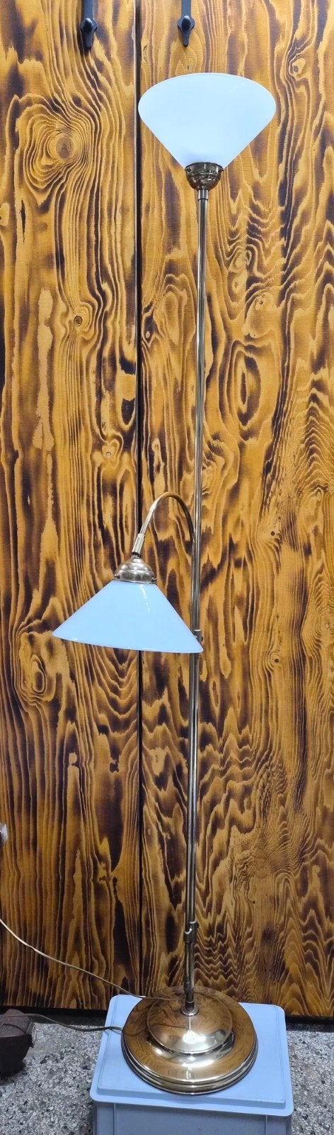 Staande lamp met leeslamp - messing met glazen kappen, Ophalen, Gebruikt, Klassiek, E27 (groot)