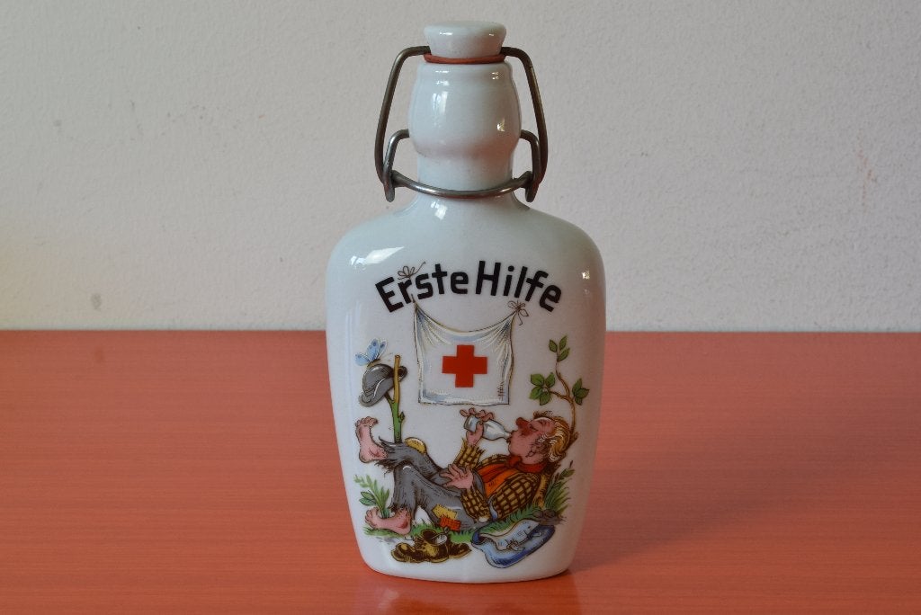 Retro vintage porseleinen Rösler Tettau Eerste Hulp heupfles, Ophalen of Verzenden, Overige typen