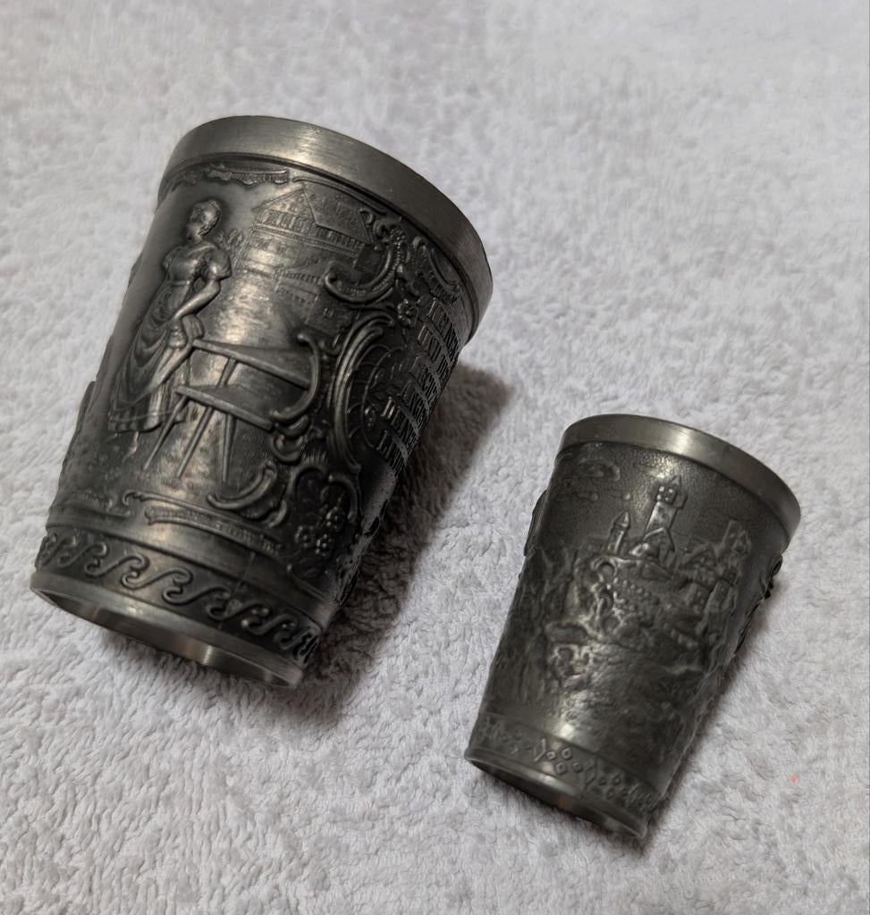 Vintage set Tinnen Frieling beker en borrel, Antiek en Kunst, Antiek | Tin, Ophalen of Verzenden