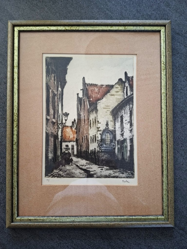 Te koop uit erfenis verkregen etsen, Antiek en Kunst, Kunst | Schilderijen | Klassiek, Ophalen, Ingelijst, Stads- / dorpsgezicht