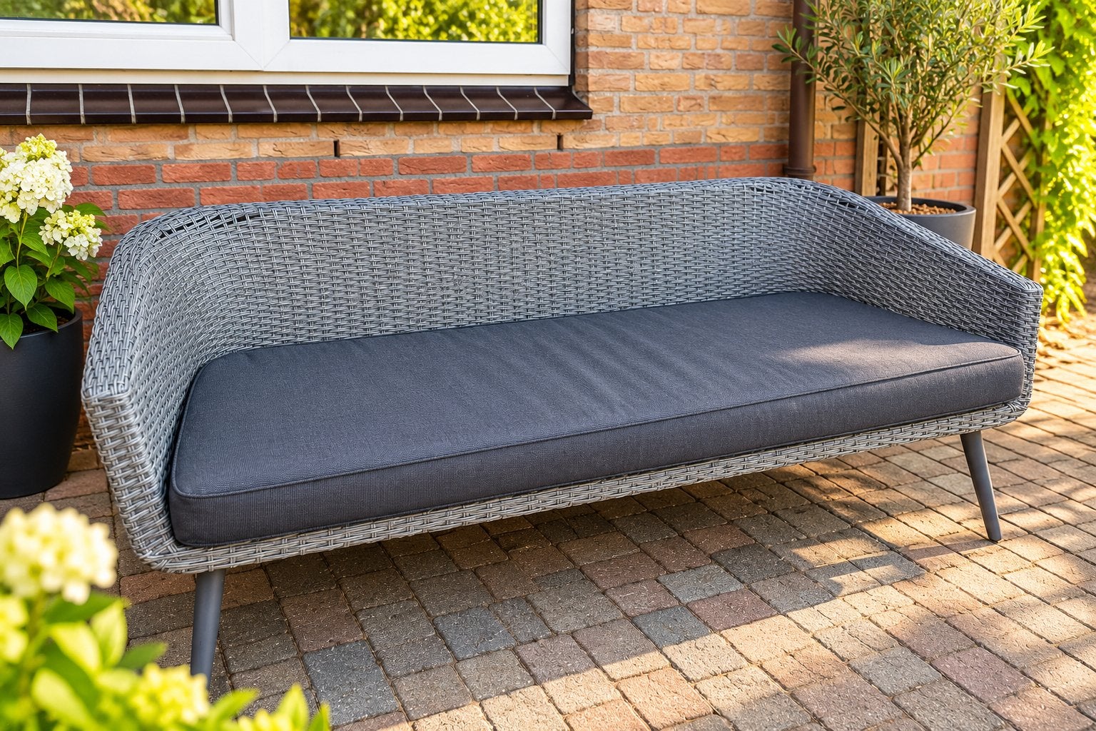Comfortabele Tuinbank - Grijs Wicker met Kussen, Tuin en Terras, Ophalen, Zo goed als nieuw, Wicker