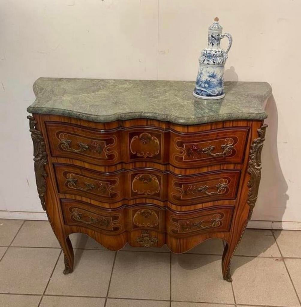 Louis XV-stijl walnoot gefineerde commode marmer blad 107x88