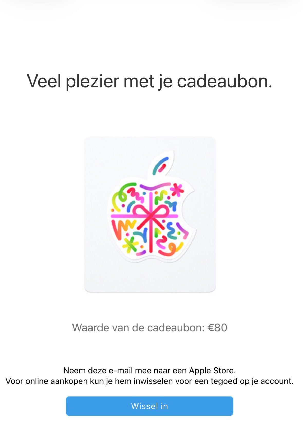 Apple cadeaukaart €80, Eén persoon, Cadeaubon