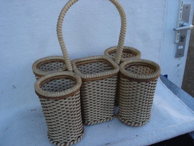 Vintage rotan/ riet gevlochten flessenmand jaren 50, Ophalen of Verzenden