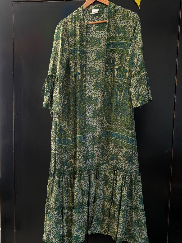 Silk dress 100% zijde groen blauw beige    38/40, Maat 38/40 (M), Galajurk, Nieuw, Ophalen of Verzenden