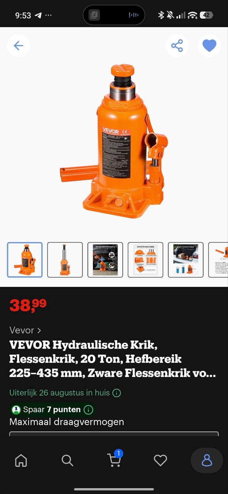 VEVOR Hydraulische Flessenkrik 20 Ton - Zware Hefkrik, Ophalen of Verzenden