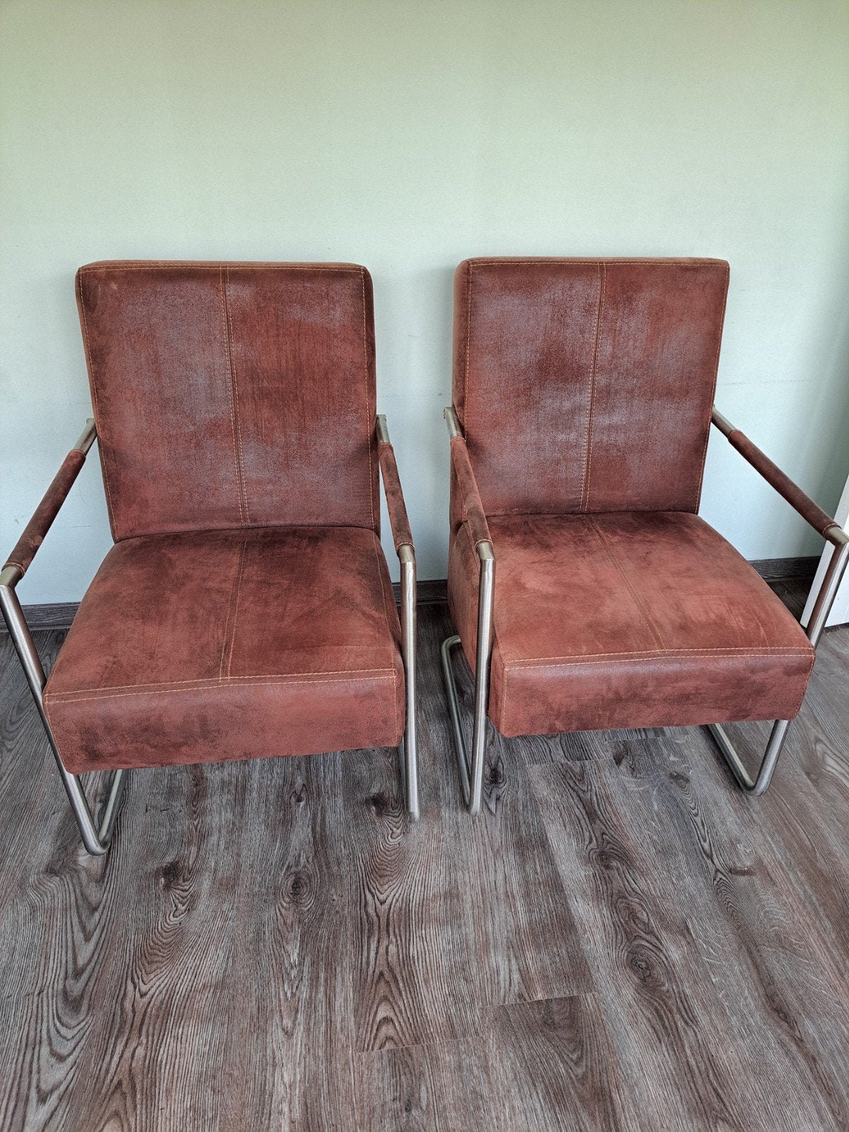 Set van 2 vintage fauteuils met metalen frame, Huis en Inrichting, Ophalen, Gebruikt, Twee, Bruin