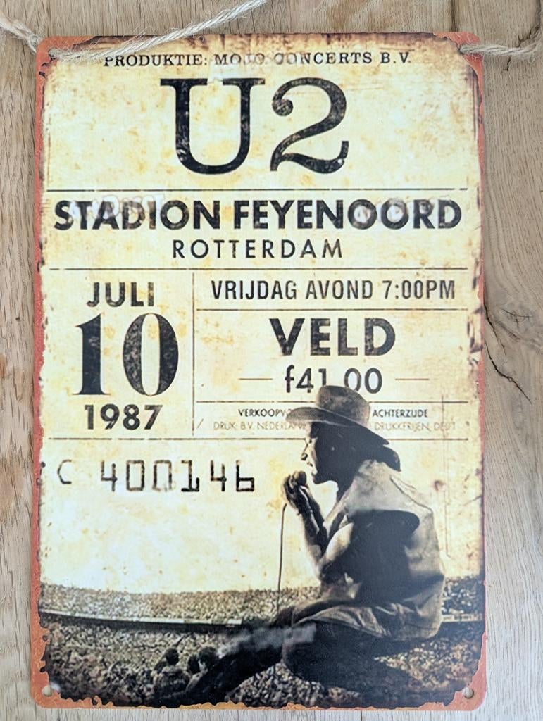 Retro metalen wandbord U2 – De Kuip Rotterdam 1987, Ophalen of Verzenden, Zo goed als nieuw, Reclamebord