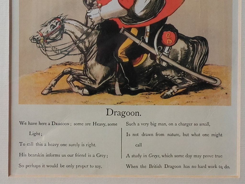 Karikatuur militaria prent uit Engeland van een Dragoon., Ingelijst, Ophalen of Verzenden, Personages en Fantasiefiguren