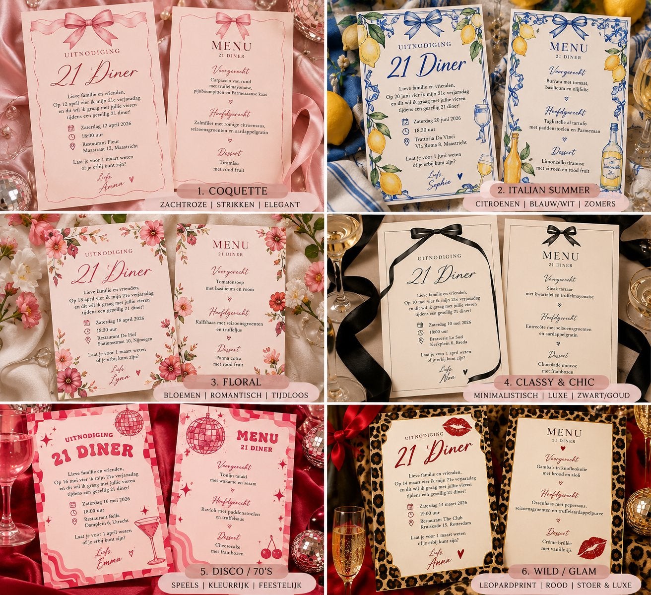 Persoonlijke 21 Diner Uitnodiging + Menukaart | Op Maat, Ophalen of Verzenden, Nieuw, Verjaardag