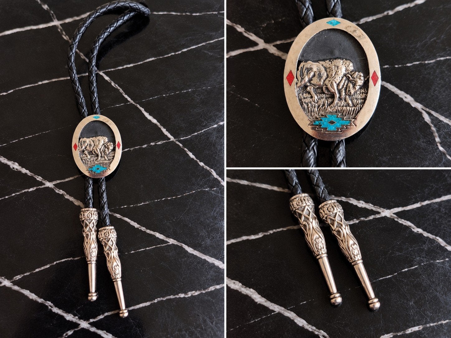 Vintage bolo tie met bizon – western stropdas – turquoise, Ophalen of Verzenden, Gebruikt, Overige materialen, Overige merken