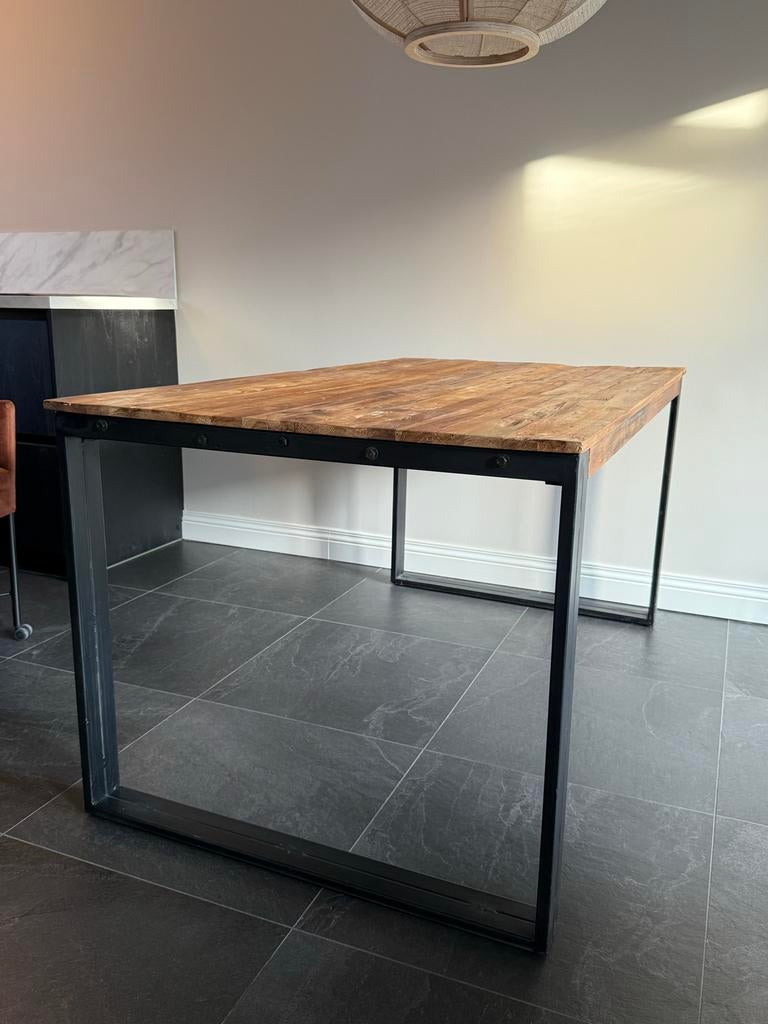 Stoere massief houten teak eettafel 160x90x78 cm, Ophalen, Gebruikt, Teakhout, 50 tot 100 cm