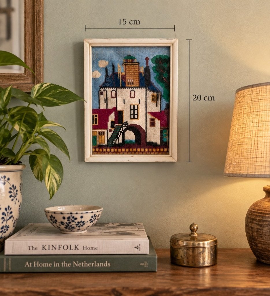 Vintage geborduurd wandtafereel – huizen / kasteel, Ophalen of Verzenden