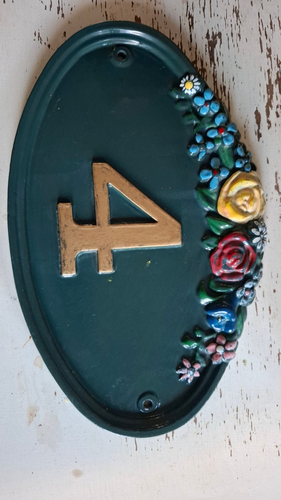 Brocante Gietijzeren Huisnummer 4 met Bloemen, Ophalen of Verzenden