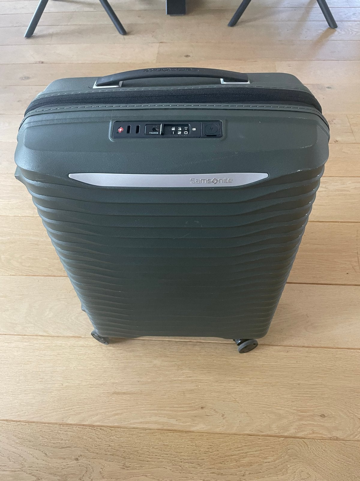 Samsonite handbagage koffer groen met USB-poort en slot, Ophalen, Gebruikt, 50 tot 60 cm, Hard kunststof