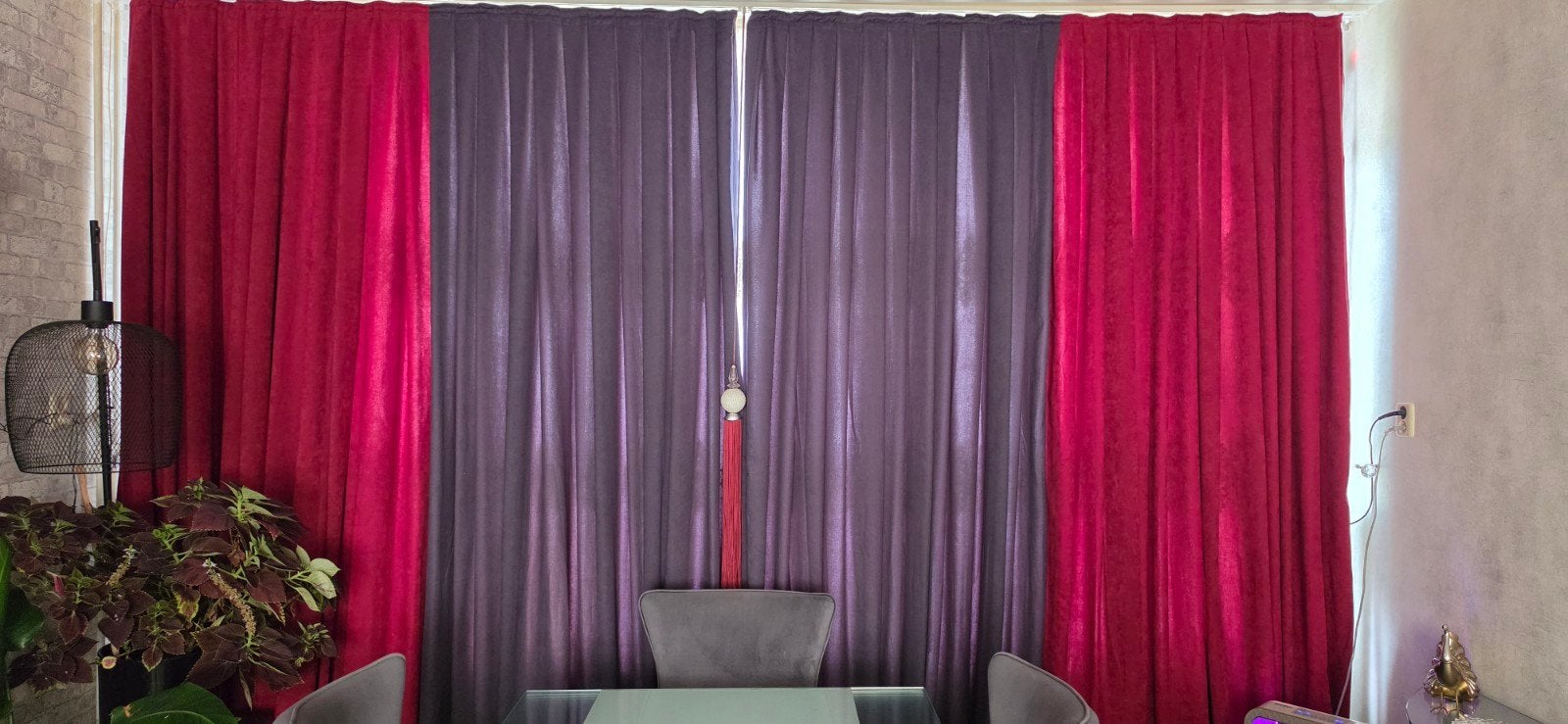 8  stuks Luxe gordijnen set: bordeauxrood en paars, Ophalen of Verzenden, Zo goed als nieuw, Gordijn, Polyester