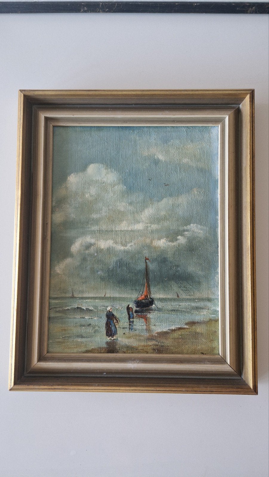 Maritiem schilderij met figuren en zeilboot, 23x28 cm, Ophalen