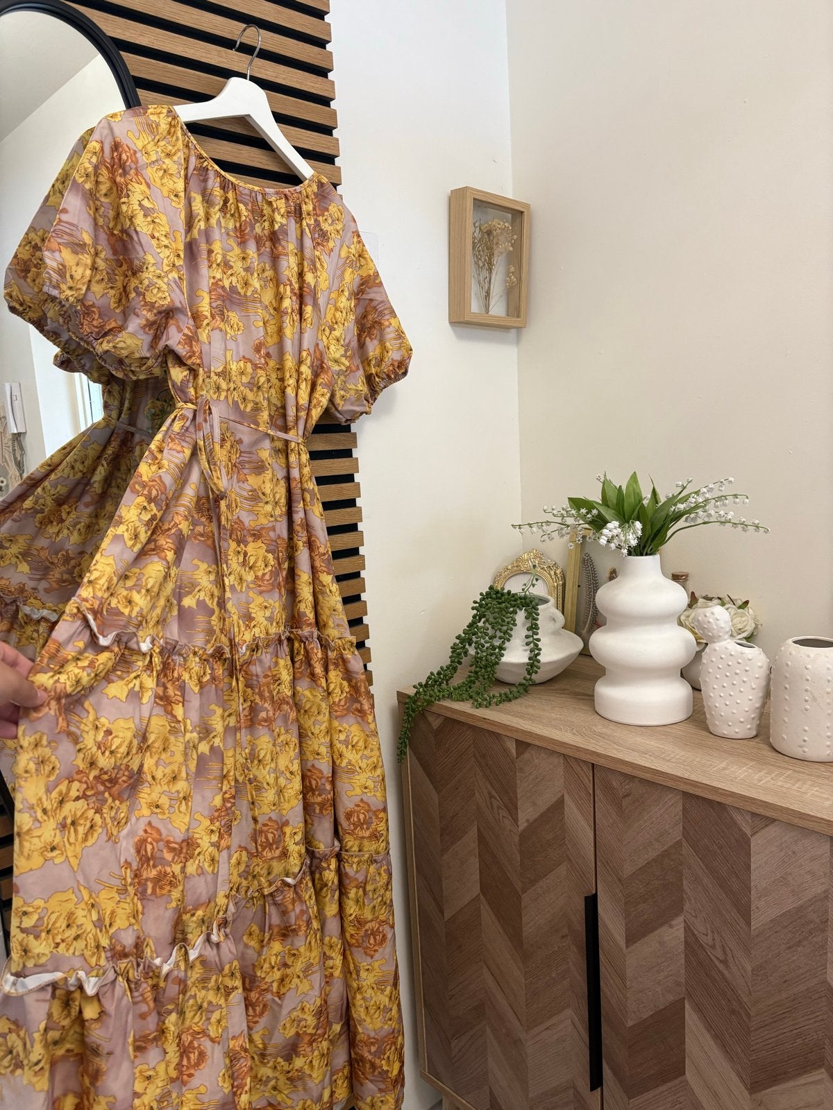 Maxi jurk met bloemenprint en pofmouwen, Geel, Maat 46/48 (XL) of groter, Ophalen of Verzenden, Zo goed als nieuw