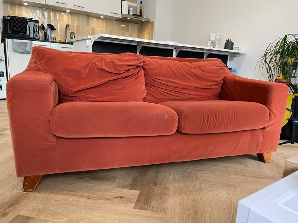 2-zitsbank in terracotta stof, Huis en Inrichting, Banken | Bankstellen, Ophalen, Gebruikt, 150 tot 200 cm, Tweepersoons