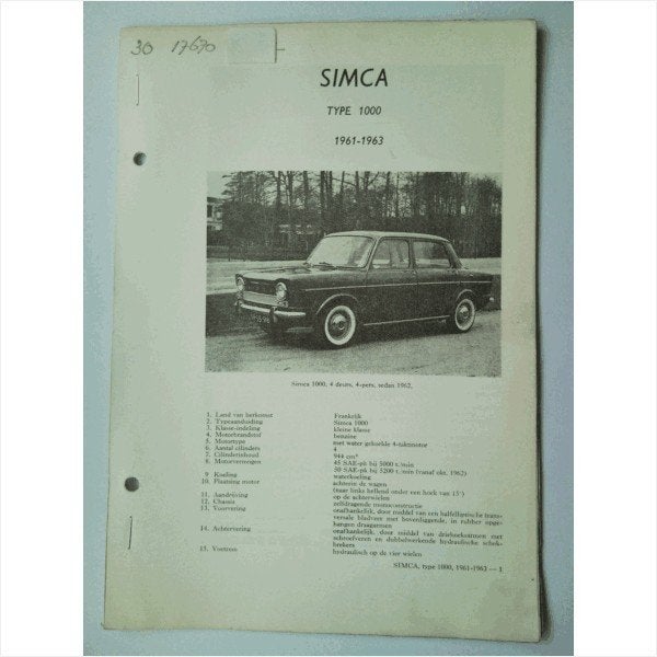 Simca 1000 Vraagbaak losbladig 1961-1963 #3 Nederlands, Ophalen of Verzenden, Gelezen, Overige merken