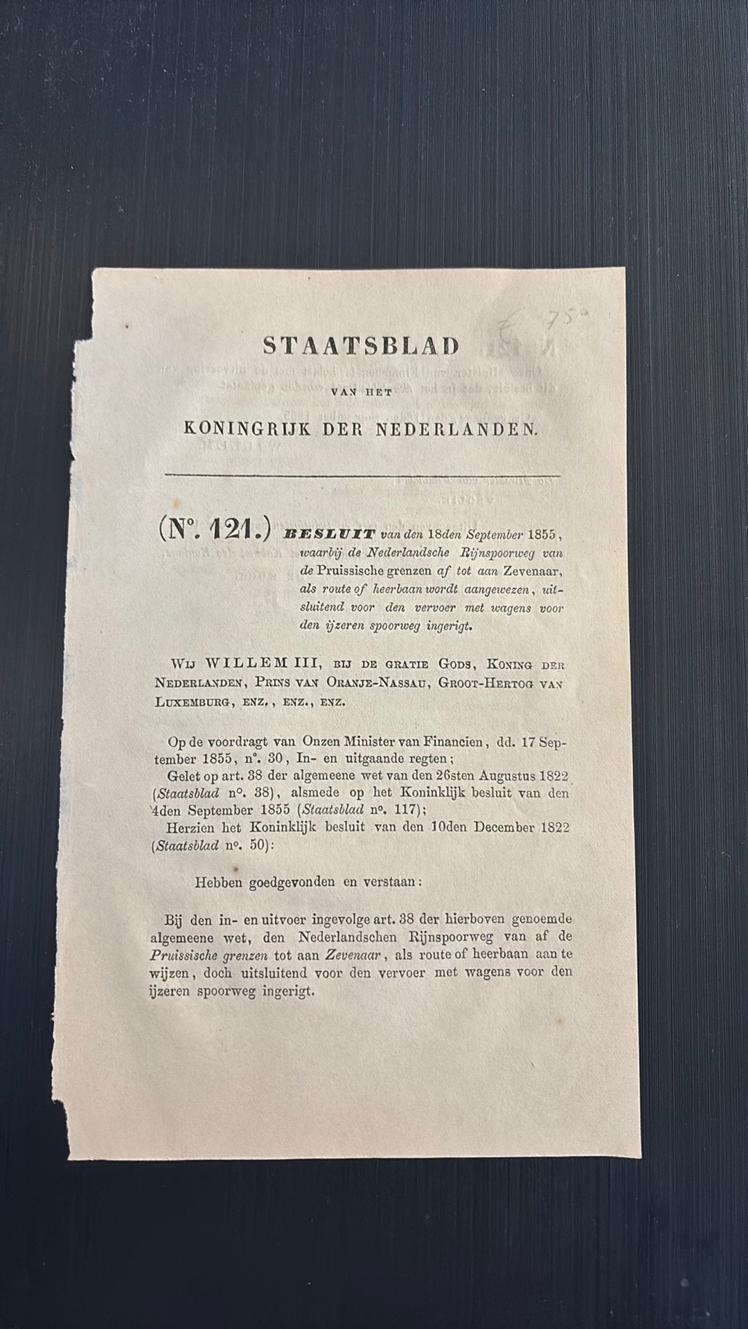 Staatsblad 1855 Nederlandsche Rijnspoorweg, Ophalen of Verzenden, Gebruikt, Trein, Boek of Tijdschrift
