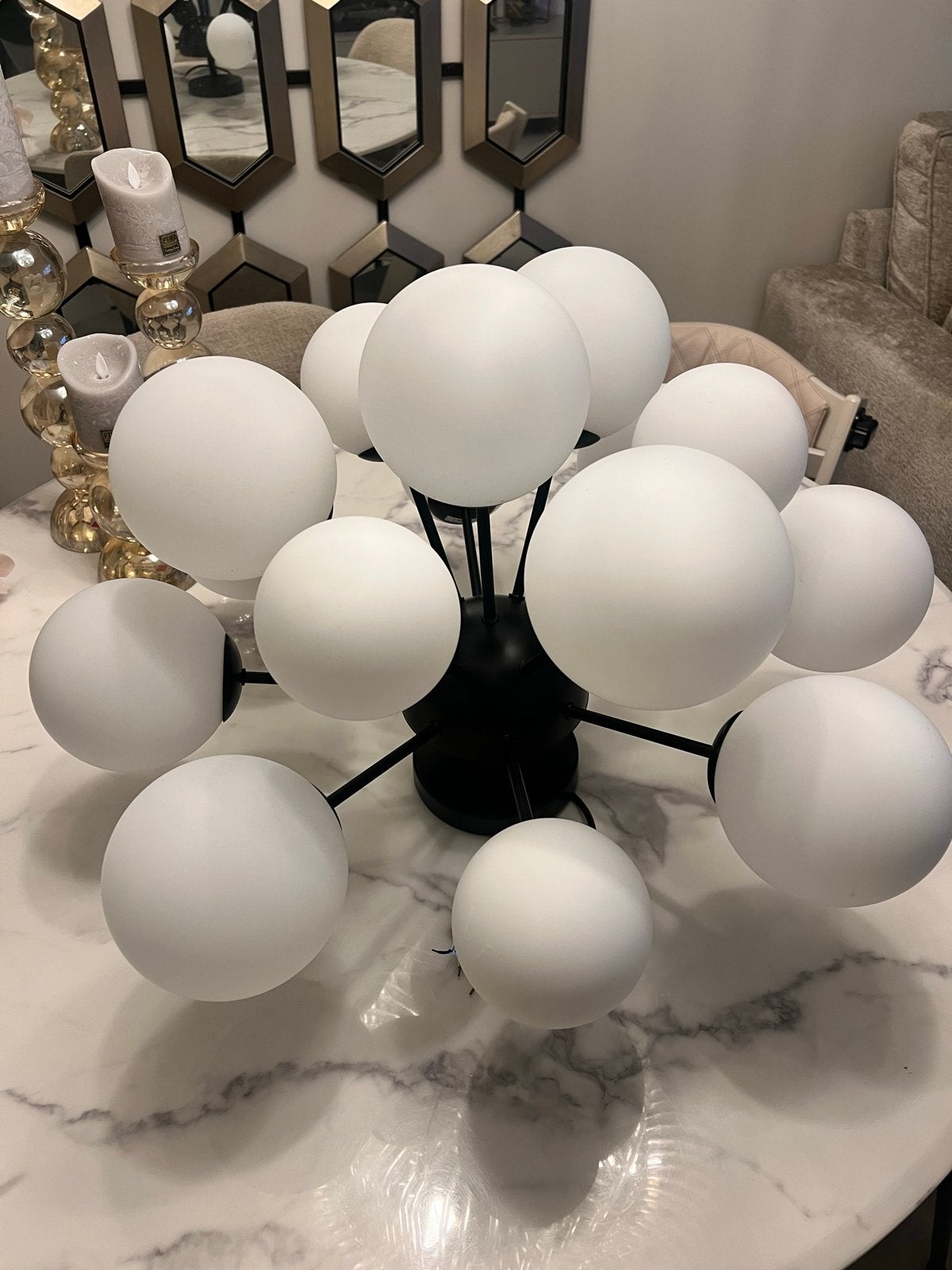 Colmore Sputnik Plafondlamp Zwart met Witte Bollen, Gebruikt, Modern, Zwart, Ophalen of Verzenden