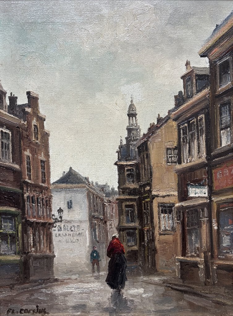 Franciscus L. Corsius (1933-2013) - Hollands straatgezicht, Antiek en Kunst, Doek, Ophalen of Verzenden, Olieverf, Klassiek