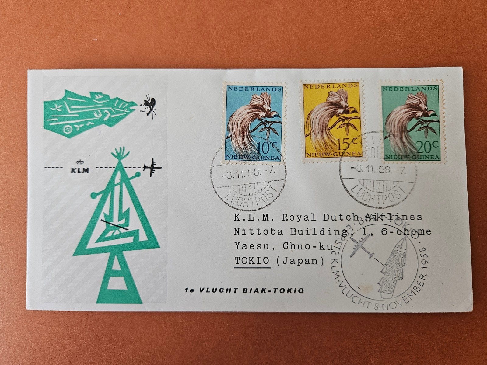 145) KLM 1ste vlucht Biak Tokio 1958, Ophalen of Verzenden, Gestempeld, Vliegtuigen