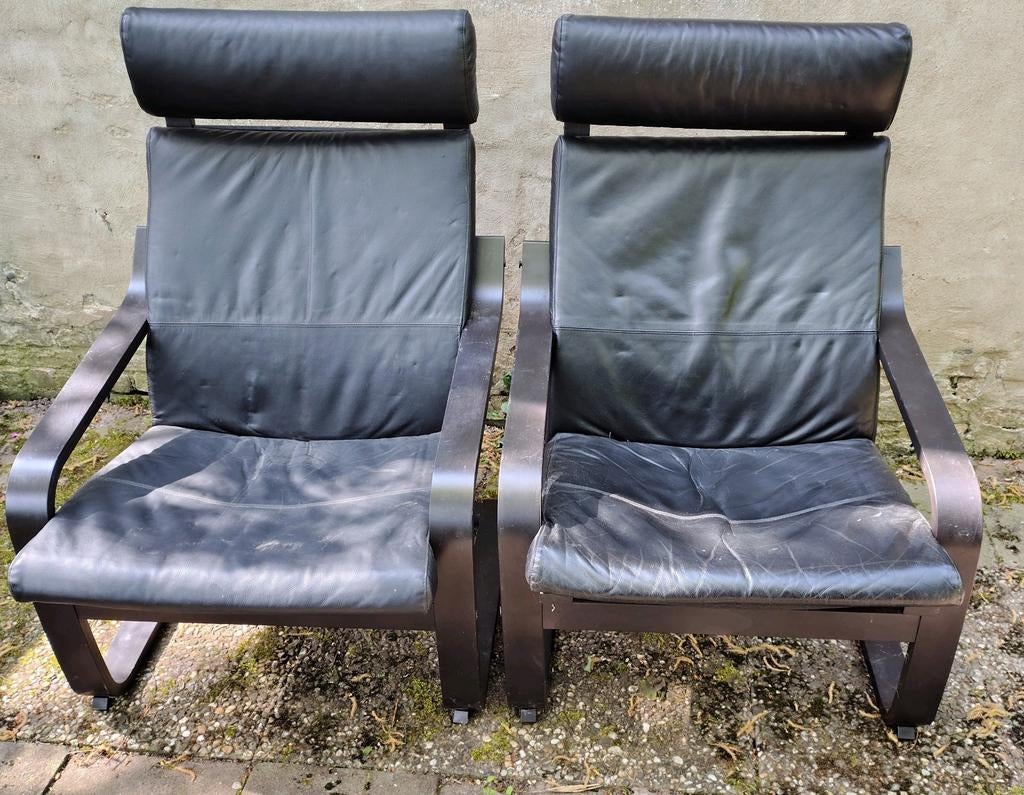 Twee ikea poang leren fauteuils -, Huis en Inrichting, Stoelen, Ophalen, Gebruikt, Twee, Zwart