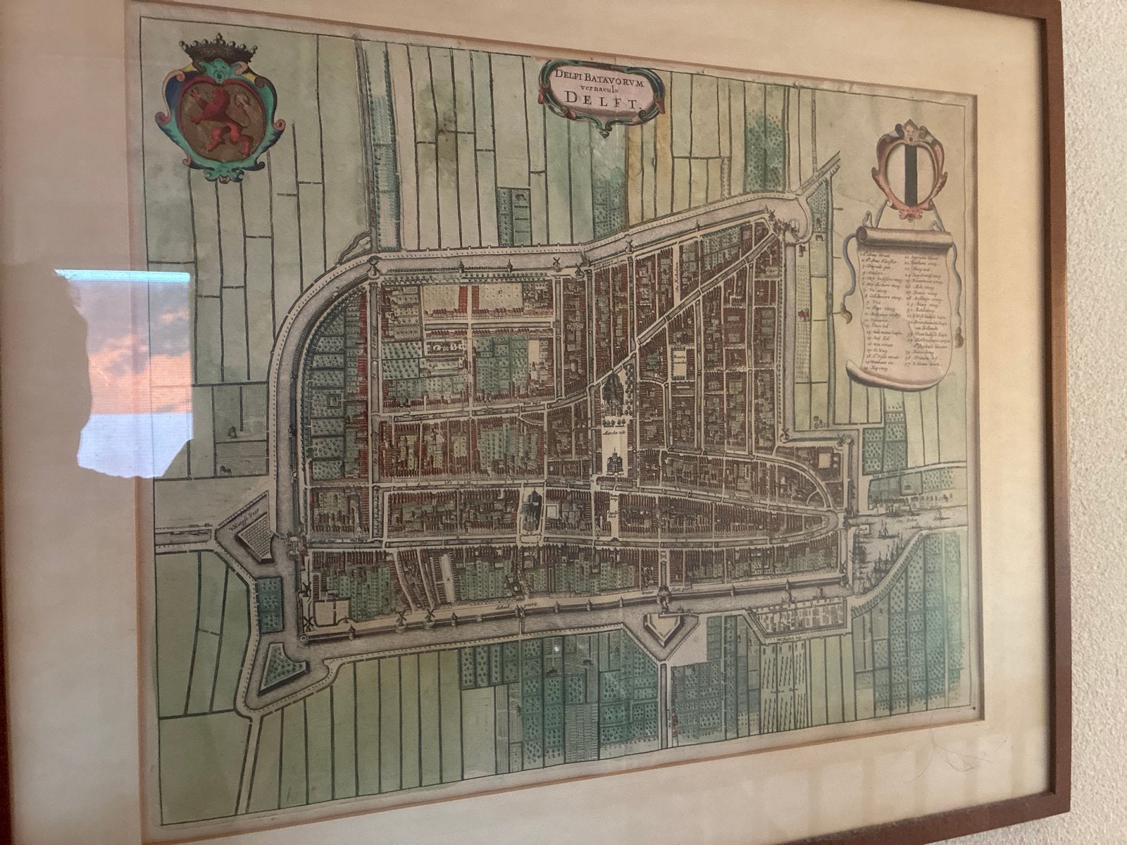 Antieke stadskaart van Delft, ingelijst, Antiek en Kunst, Ophalen of Verzenden
