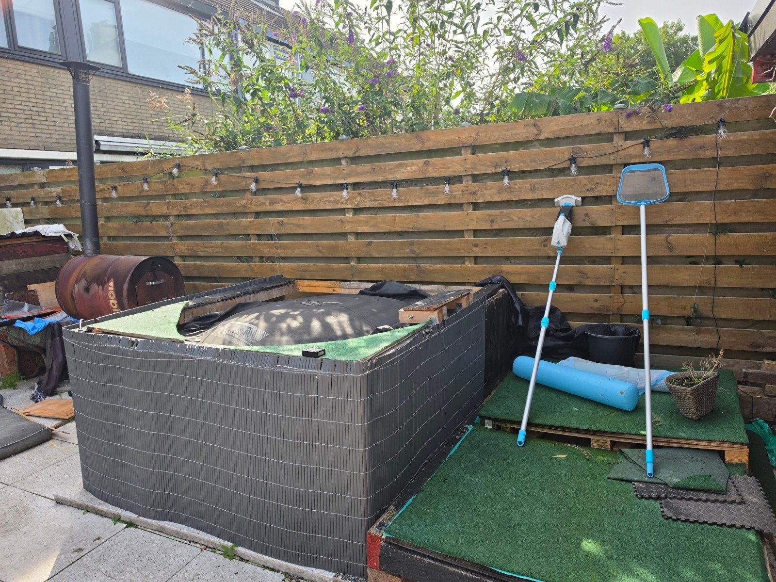 Zelfbouw hottub houtgestookt, Ophalen, Gebruikt, Afdekzeil, Vast
