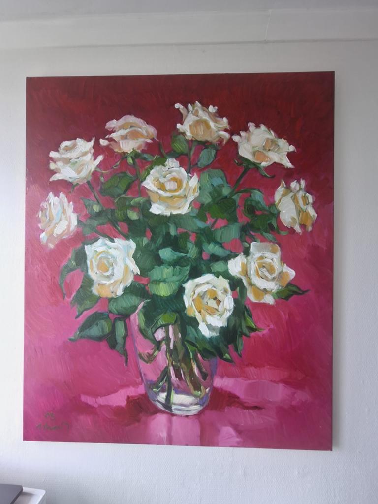 Witte rozen op rood, Ophalen of Verzenden