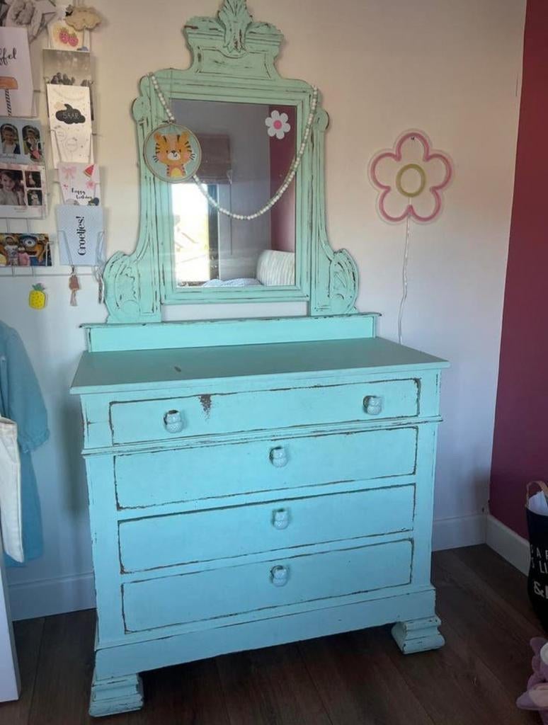 Leuke vintage ladenkast met spiegel, Ophalen, 50 tot 70 cm, 105 cm of meer, 100 cm of meer