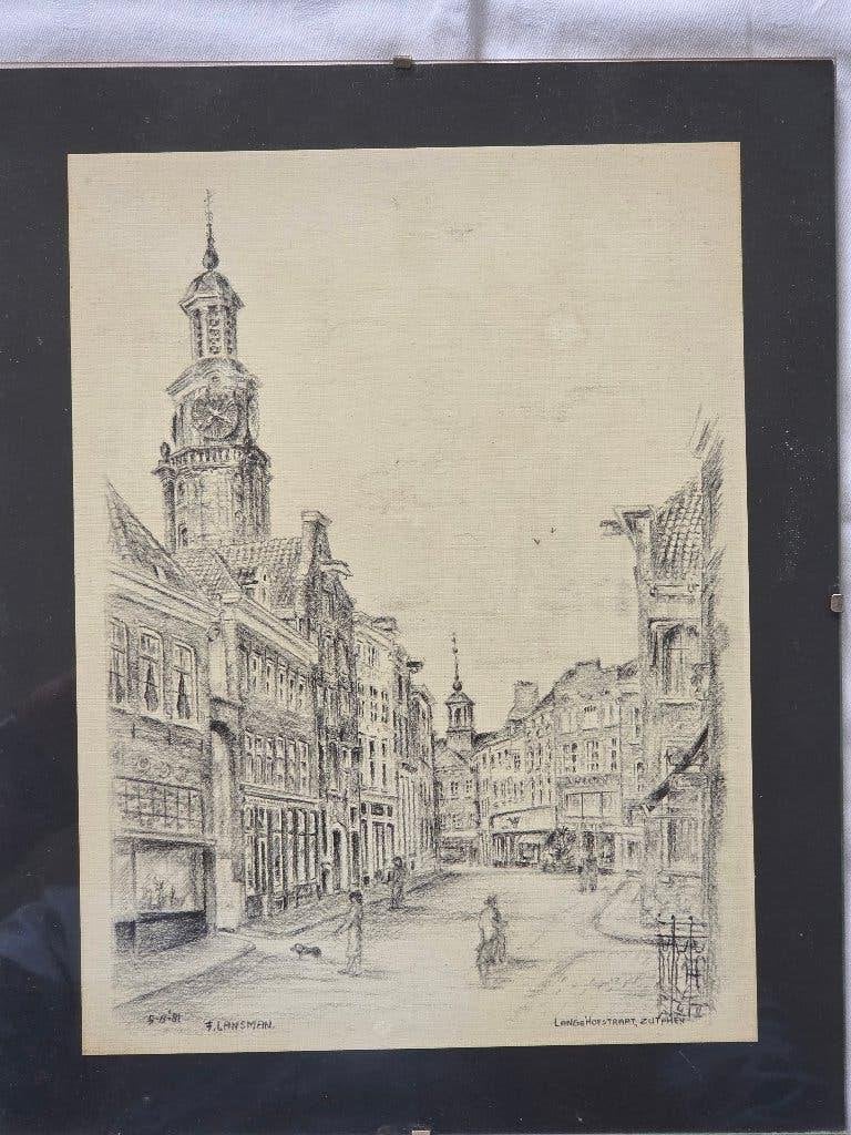 Potloodtekening 8: ZUTPHEN, Lange Hofstraat, ges. F. Landsma, Ophalen of Verzenden, Achter glas