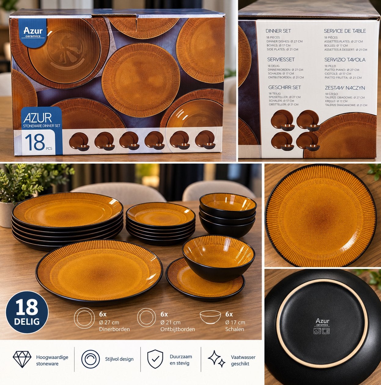 2x Azur Stoneware Servies Set 18-delig Dinerborden Schalen, Overige merken, Keramiek, Nieuw, Ophalen of Verzenden