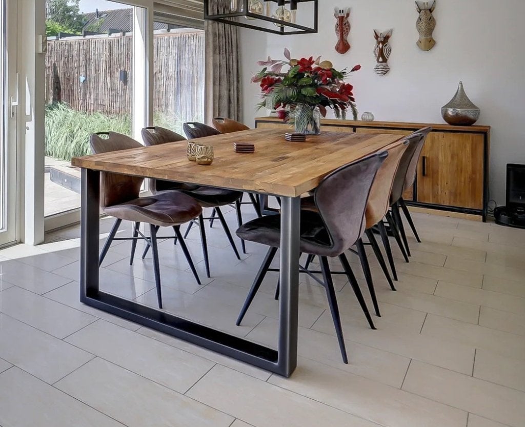 Romaro teak houten tafel 280x110 en 8 fontana stoelen, Huis en Inrichting, Ophalen, Gebruikt, Industrieel, modern, 8 stoelen of meer