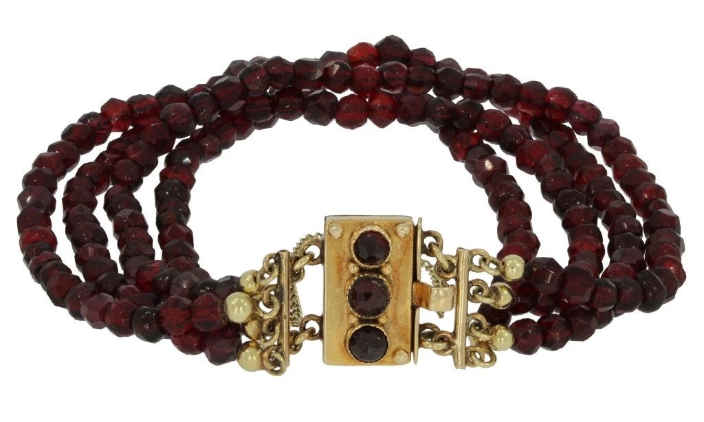 Vintage Granaten Armband 14K Goud | 4-Strengen, Ophalen of Verzenden, Goud, Armband, Met edelsteen