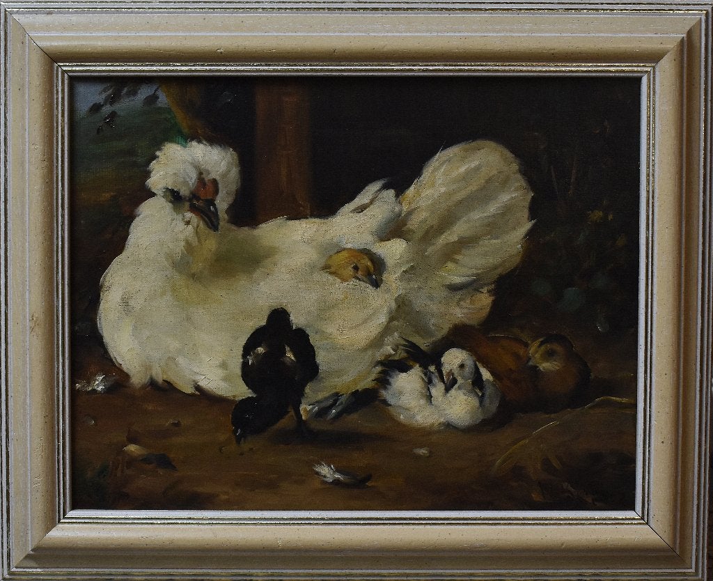 Schilderij kip met kuikens Hollandse school (XX)., Antiek en Kunst, Kunst | Schilderijen | Klassiek, Paneel, Verzenden, Dieren