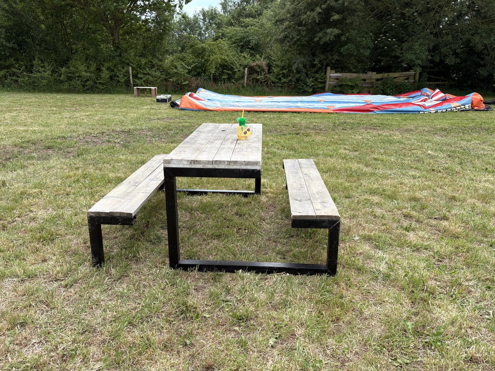 Robuuste picknicktafel met banken, hout en staal, Tuin en Terras, Picknicktafels, Ophalen, Gebruikt, Rechthoekig, Hout